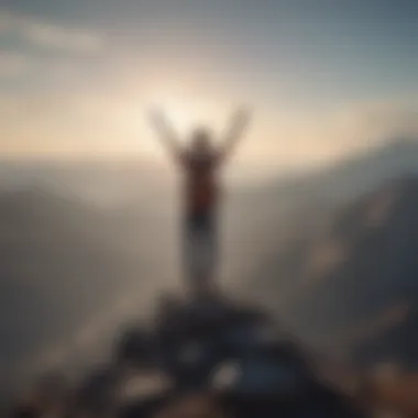 A person standing on a mountain peak with arms raised in victory