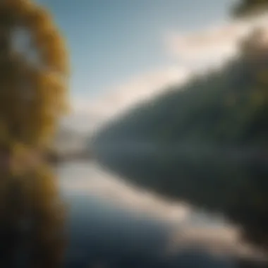 A serene landscape with a calm lake reflecting the sky