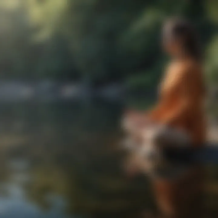 A person meditating by the water