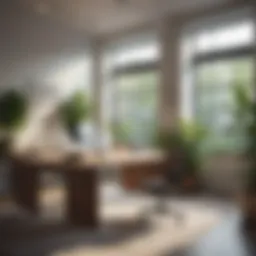 A serene office space with plants and natural light