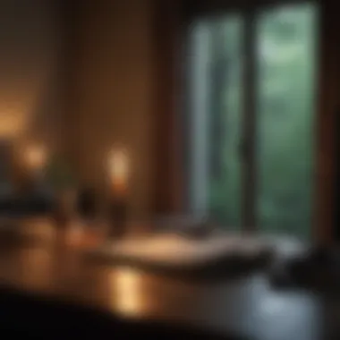 Solitude: A Space for Reflection A dimly lit room with a solitary desk and a flickering candle.