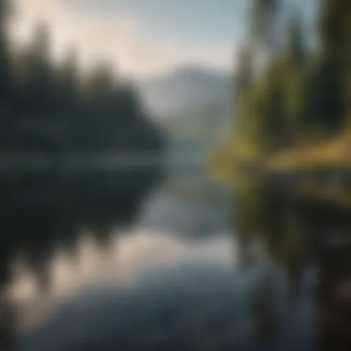 A serene landscape with a calm lake reflecting the sky.