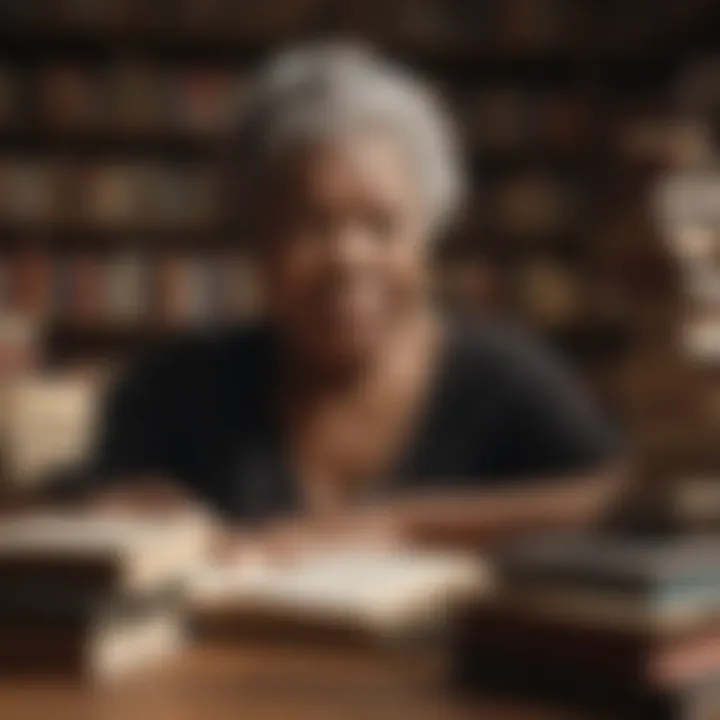 Maya Angelou surrounded by her books and writings