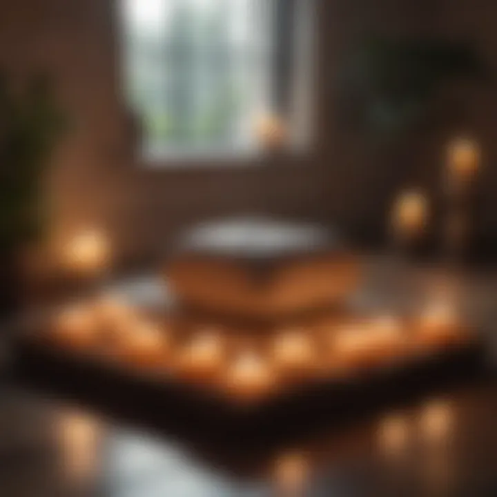 Close-up of a meditation cushion surrounded by candles, creating a calming atmosphere for practice.