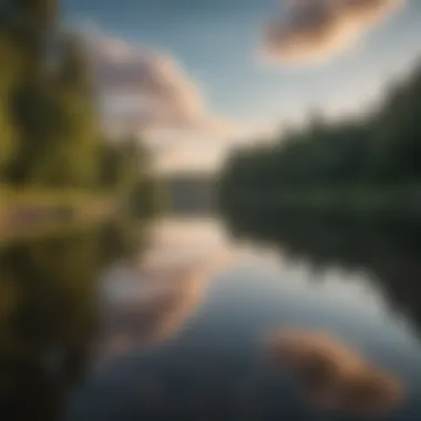 Tranquil Reflection: Nature's Role in Emotional Healing A serene landscape with a peaceful lake reflecting the sky, symbolizing tranquility and healing.