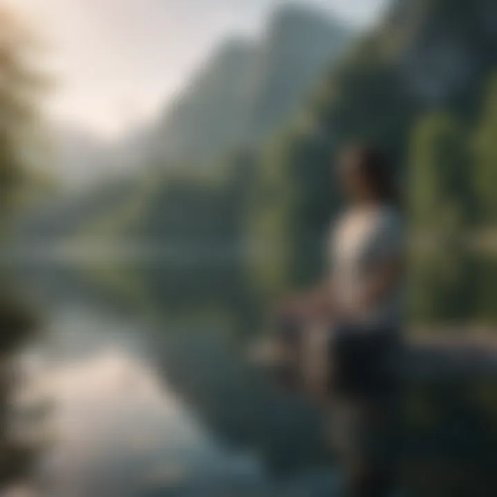 A person meditating near a calm body of water, reflecting inner peace