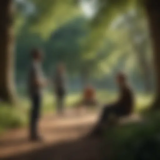 A serene park scene with individuals engaging in a friendly conversation.