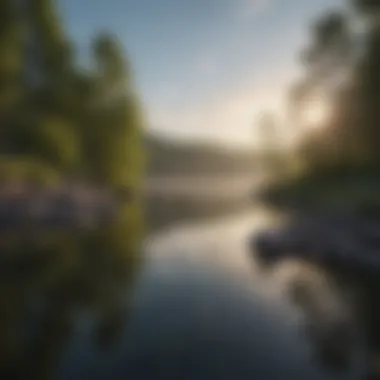 A serene landscape with a tranquil body of water reflecting the sky