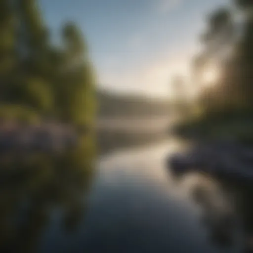 A serene landscape with a tranquil body of water reflecting the sky