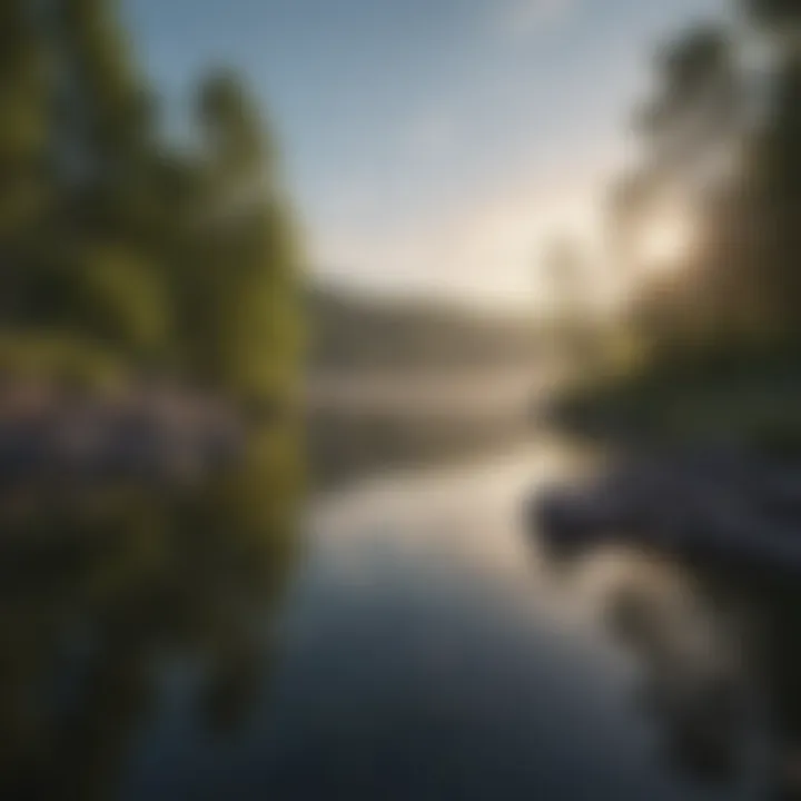 A serene landscape with a tranquil body of water reflecting the sky