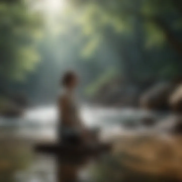 A person meditating in a tranquil environment with sound waves illustrated.