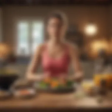 Healthy Living Choices Lifestyle adjustments illustrated through a balanced meal and exercise equipment