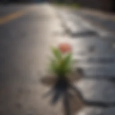 A blossoming plant emerging from a crack in the pavement, representing resilience and personal growth.