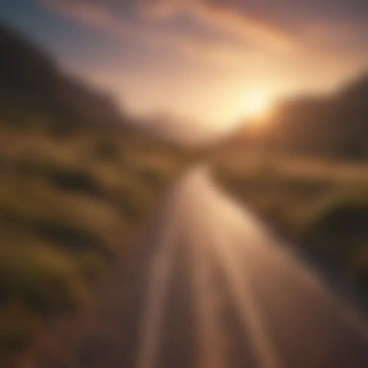 An open road leading towards a sunrise