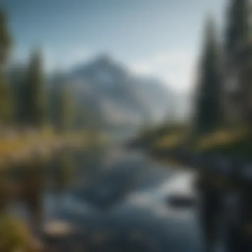 A serene landscape with a tranquil lake reflecting the mountains