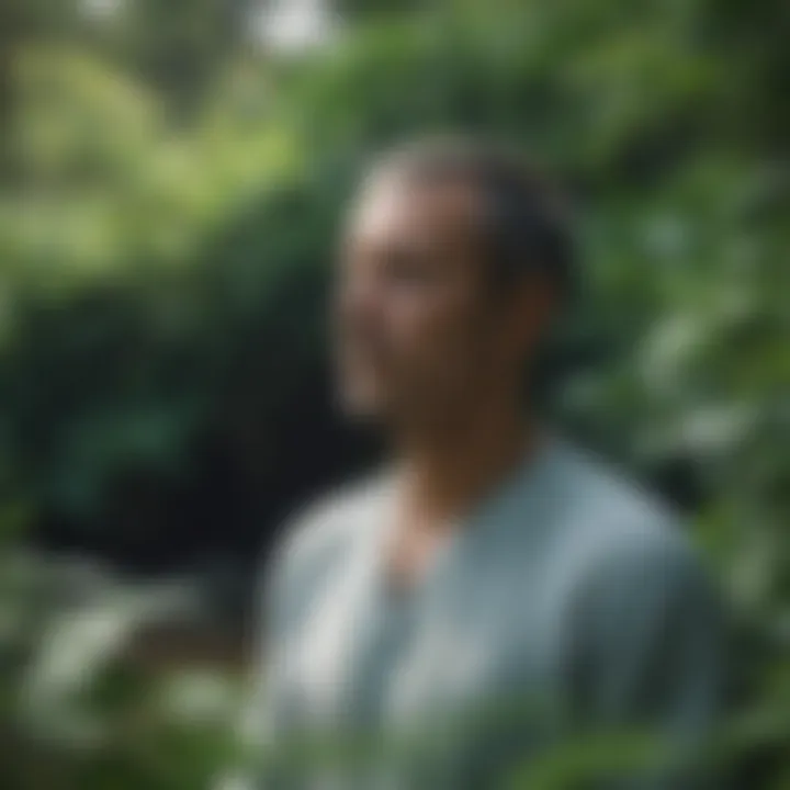 A close-up of a person meditating in nature, surrounded by lush greenery