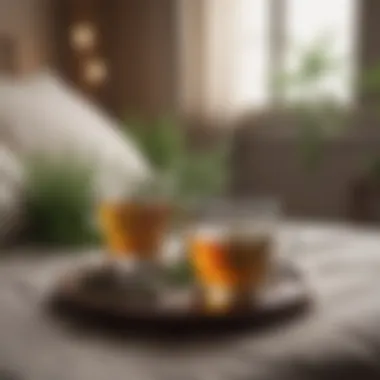 An illustration of calming herbal tea beside a bed.