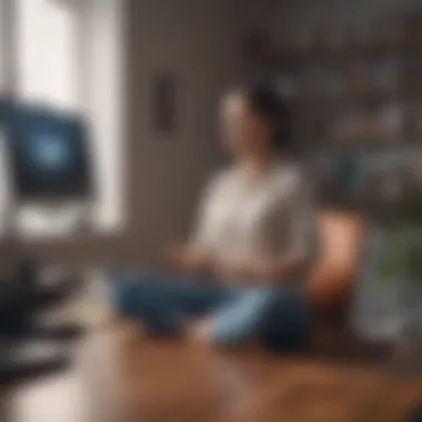 A person meditating at their desk to manage workplace stress