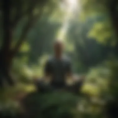 A person meditating surrounded by lush greenery