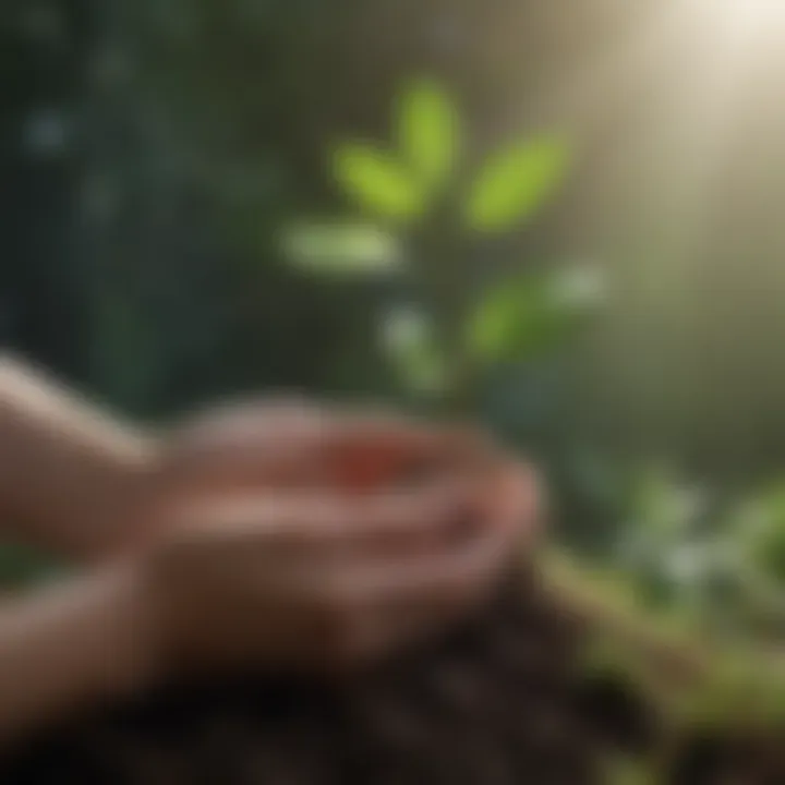 A close-up of a nurturing hand gently supporting a fragile plant, signifying care and growth