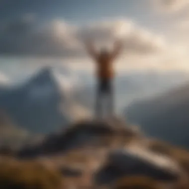 Triumphant Achievement A person standing triumphantly on a mountain peak, representing achievement