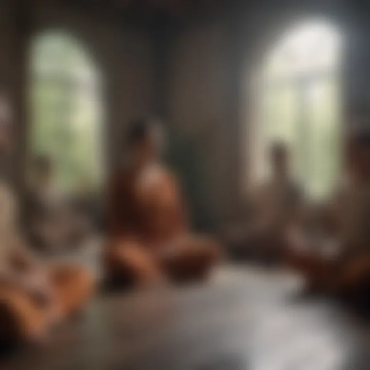 Group meditating in a calming environment