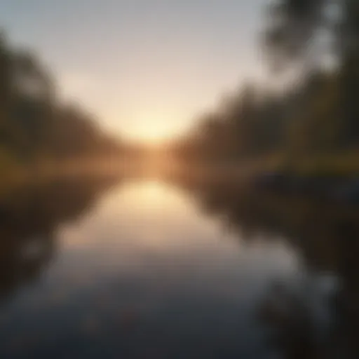 A peaceful morning scene with a sunrise over a calm lake