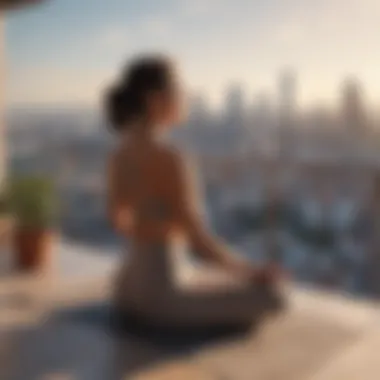 A person practicing yoga on a balcony with a city view