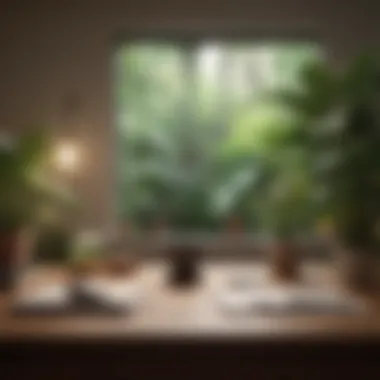 Creating a Calm Work Environment A serene workspace with plants and soft lighting to reduce stress.