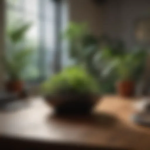 A serene workspace with plants and natural lighting promoting tranquility