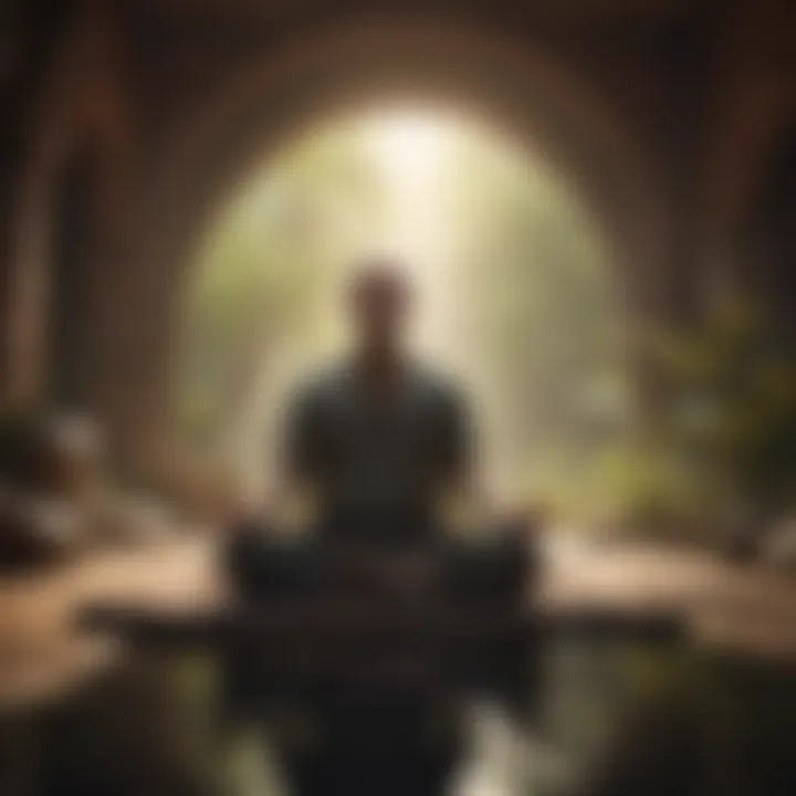 A person meditating, surrounded by calming elements