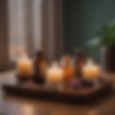 An arrangement of calming essential oils and candles on a table