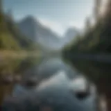 A serene landscape with a tranquil lake and mountains in the background