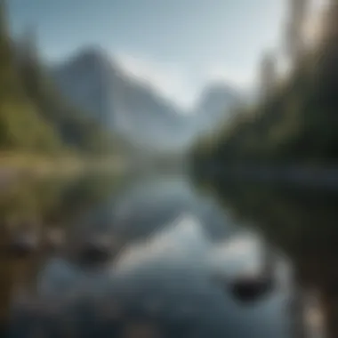 A serene landscape with a tranquil lake and mountains in the background