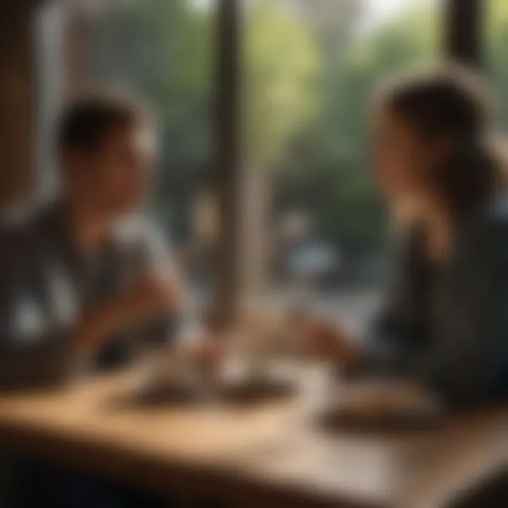 Two individuals exchanging ideas over a coffee in a cozy café.