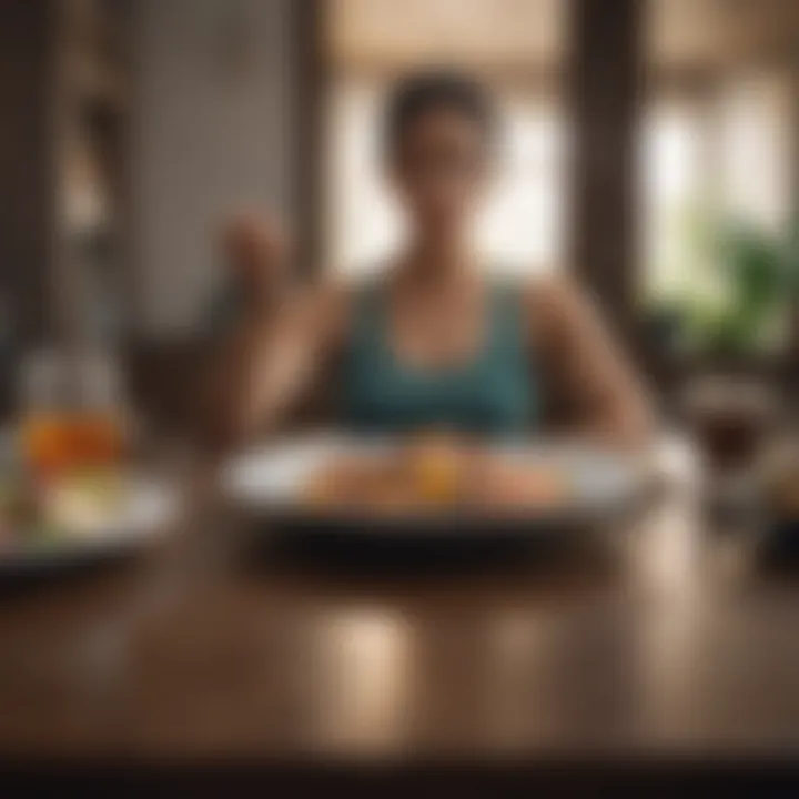 A person engaged in a reflective moment while enjoying a meal, illustrating the connection between meditation and nutrition.