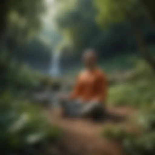 A tranquil setting depicting a person meditating amidst nature, symbolizing the harmony between mindfulness and nutrition.