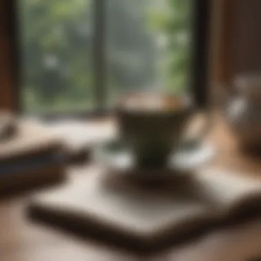 Mindful Reflections An open journal with heartfelt reflections and a cup of tea representing mindfulness and introspection
