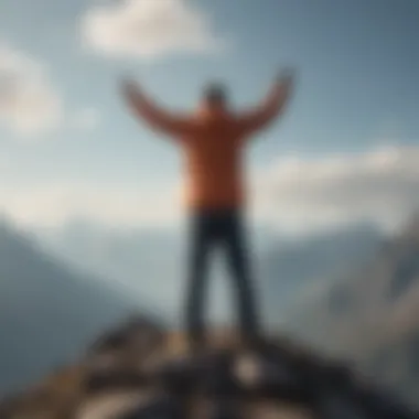 A person standing on a mountain peak, arms raised in triumph, illustrating personal achievement.