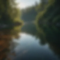A serene landscape with a peaceful lake reflecting the sky.