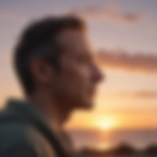 A contemplative figure gazing out at a sunset, symbolizing introspection and emotional depth.