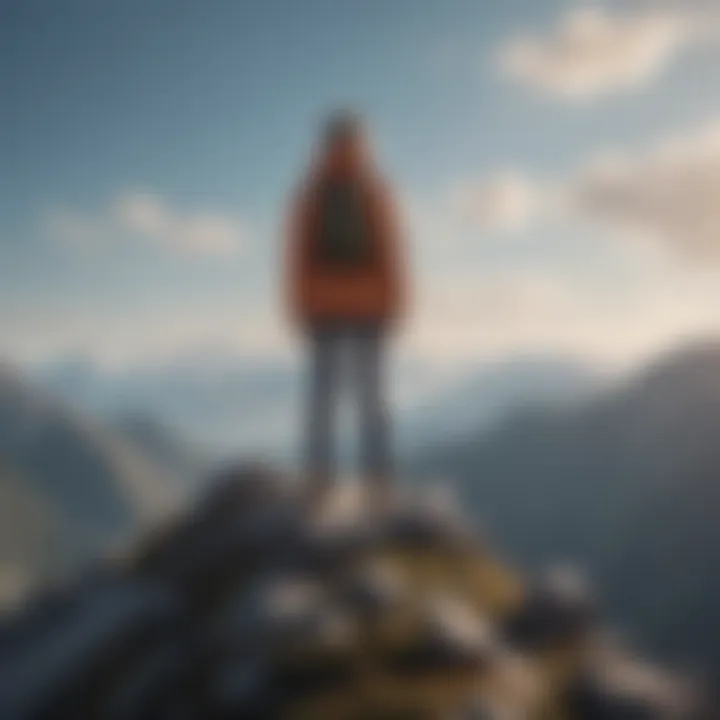 A person standing tall on a mountain peak, embracing achievement